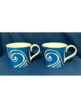 Starbucks White Wave Swirl  13 Oz Blue Coffee Mug Set Of 2